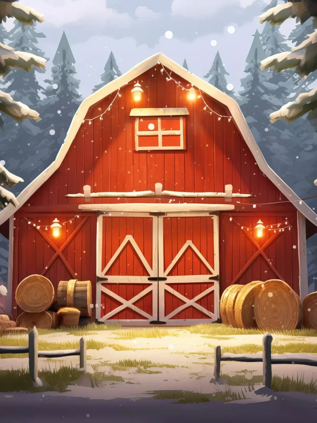 Cartoon Holiday Barn 6’X8’ Fleece (72 X 96 Inch) Backdrop