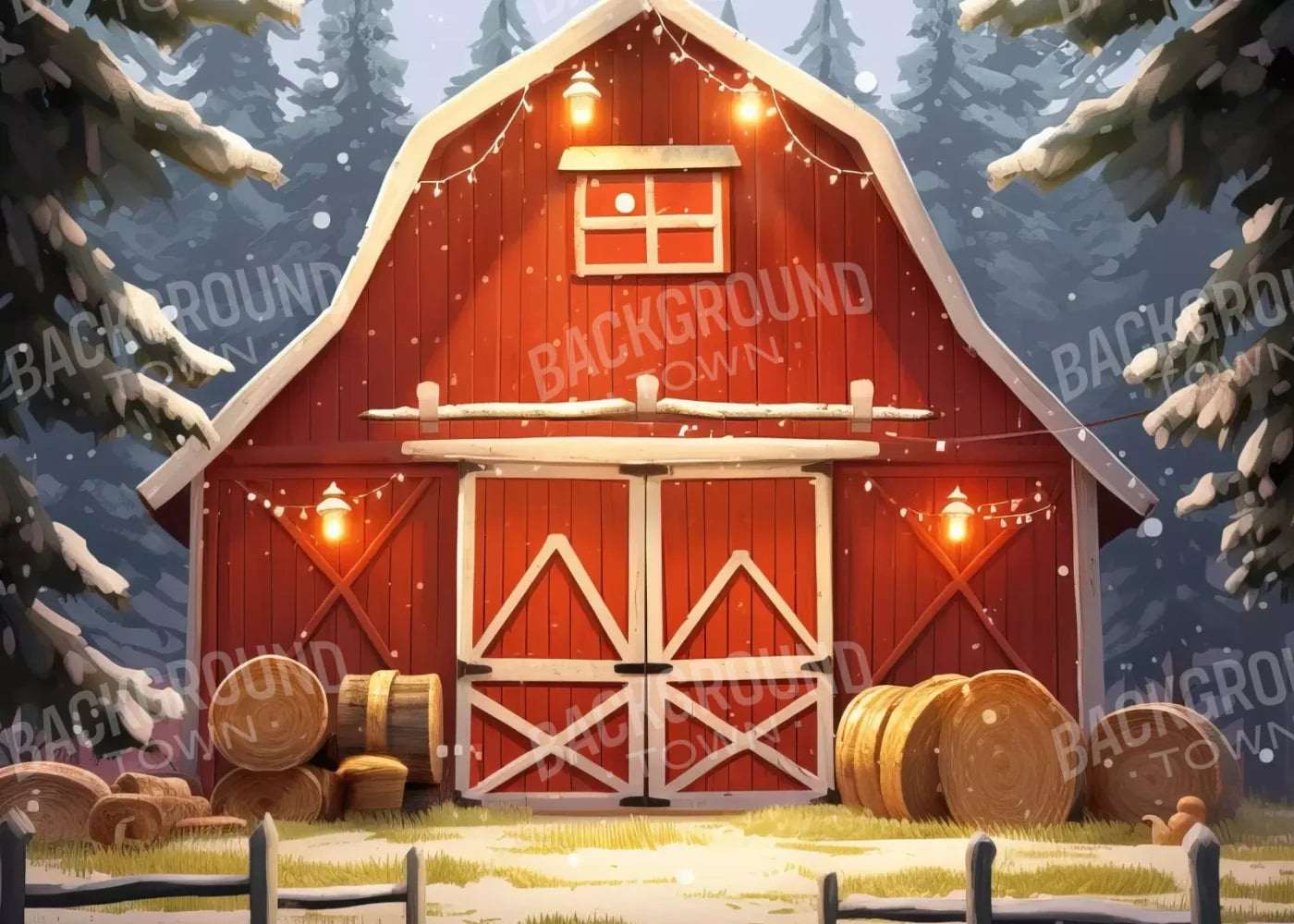 Cartoon Holiday Barn 7’X5’ Ultracloth (84 X 60 Inch) Backdrop