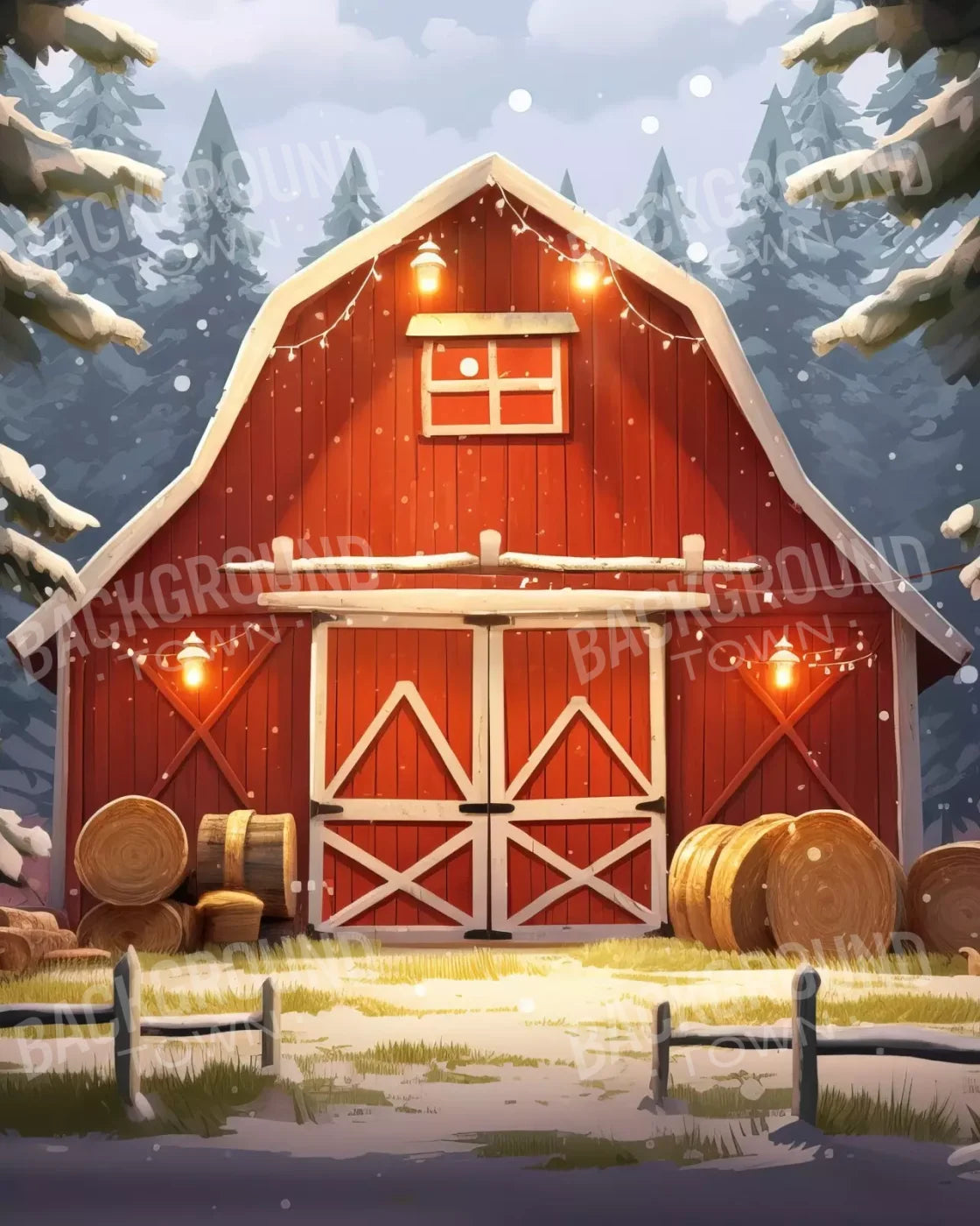 Cartoon Holiday Barn 8’X10’ Fleece (96 X 120 Inch) Backdrop