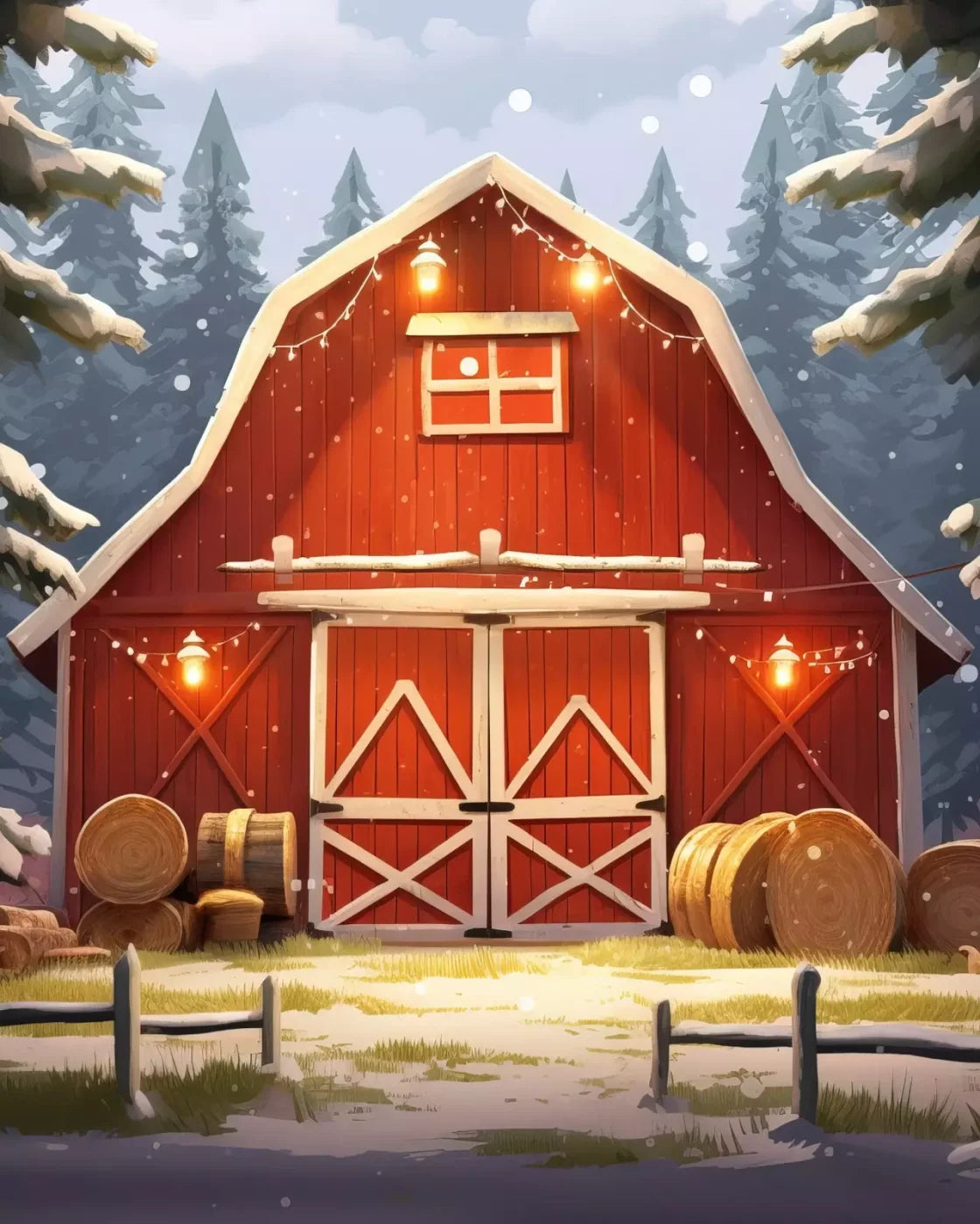 Cartoon Holiday Barn 8’X10’ Fleece (96 X 120 Inch) Backdrop