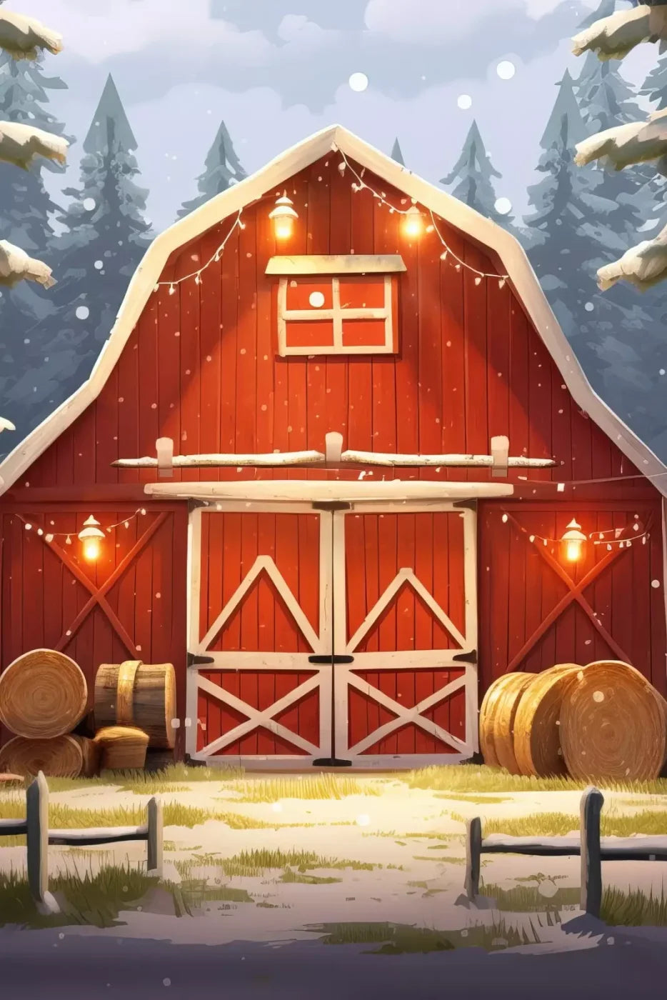 Cartoon Holiday Barn 8’X12’ Ultracloth (96 X 144 Inch) Backdrop