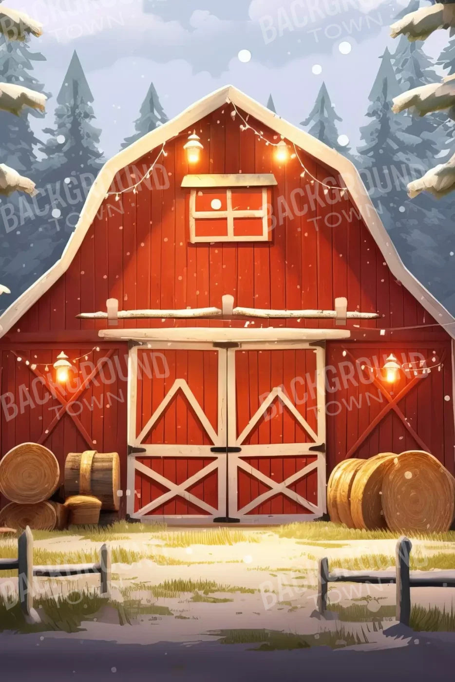 Cartoon Holiday Barn 8’X12’ Ultracloth (96 X 144 Inch) Backdrop