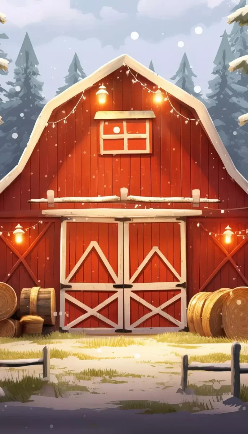 Cartoon Holiday Barn 8’X14’ Ultracloth (96 X 168 Inch) Backdrop