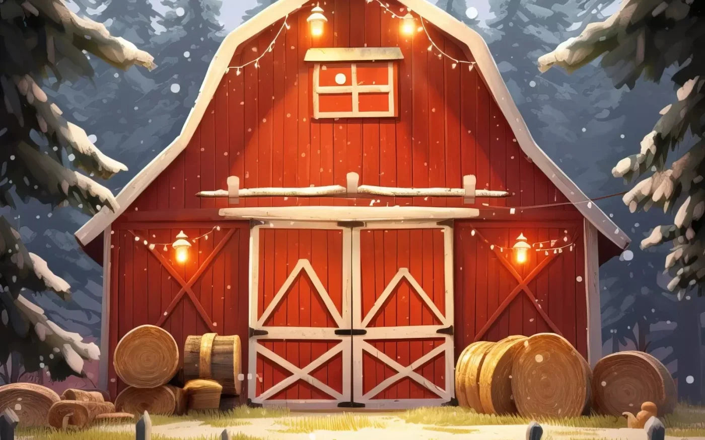 Cartoon Holiday Barn 8’X5’ Ultracloth (96 X 60 Inch) Backdrop