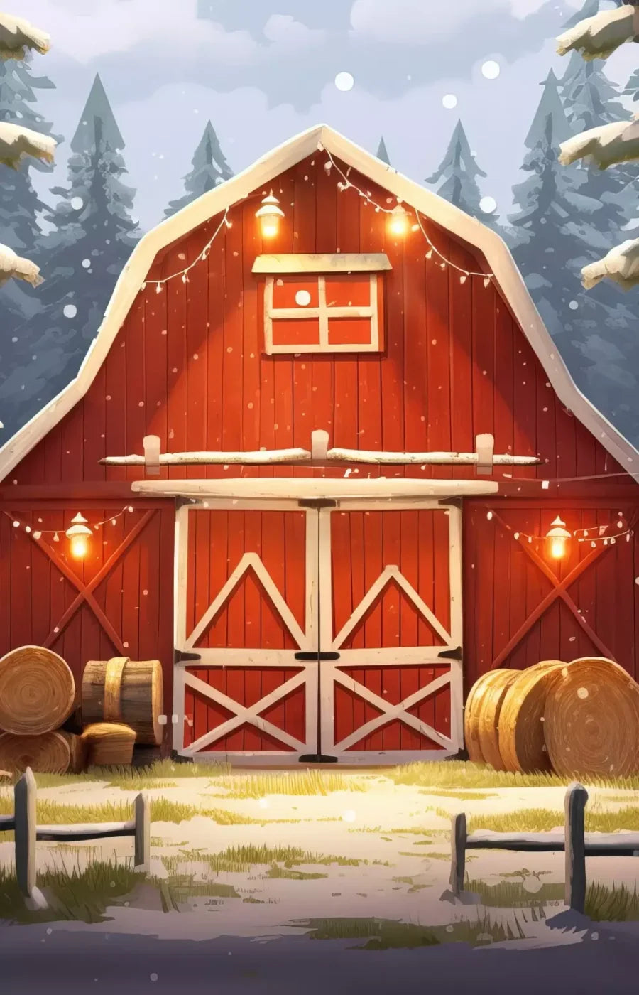 Cartoon Holiday Barn 9’X14’ Ultracloth (108 X 168 Inch) Backdrop