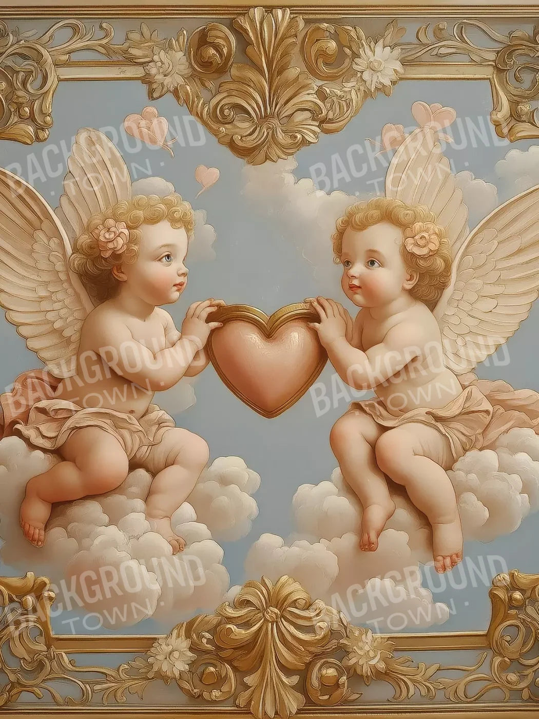 Cherubs With Gold Heart 5’X6’8 Fleece (60 X 80 Inch) Backdrop