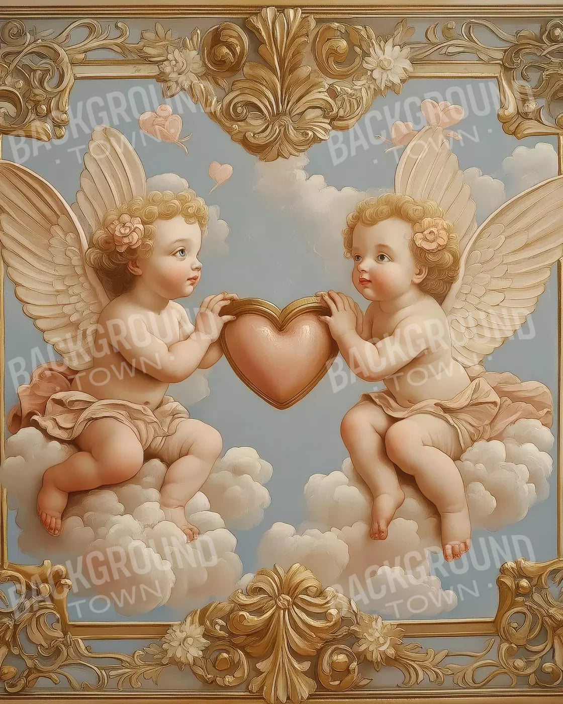 Cherubs With Gold Heart 8’X10’ Fleece (96 X 120 Inch) Backdrop