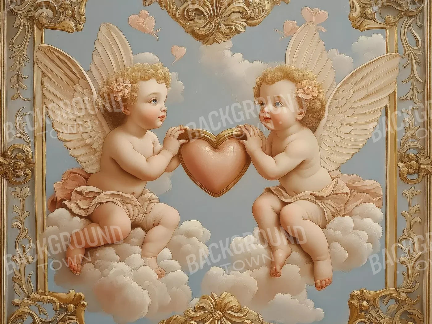 Cherubs With Gold Heart 8’X6’ Fleece (96 X 72 Inch) Backdrop