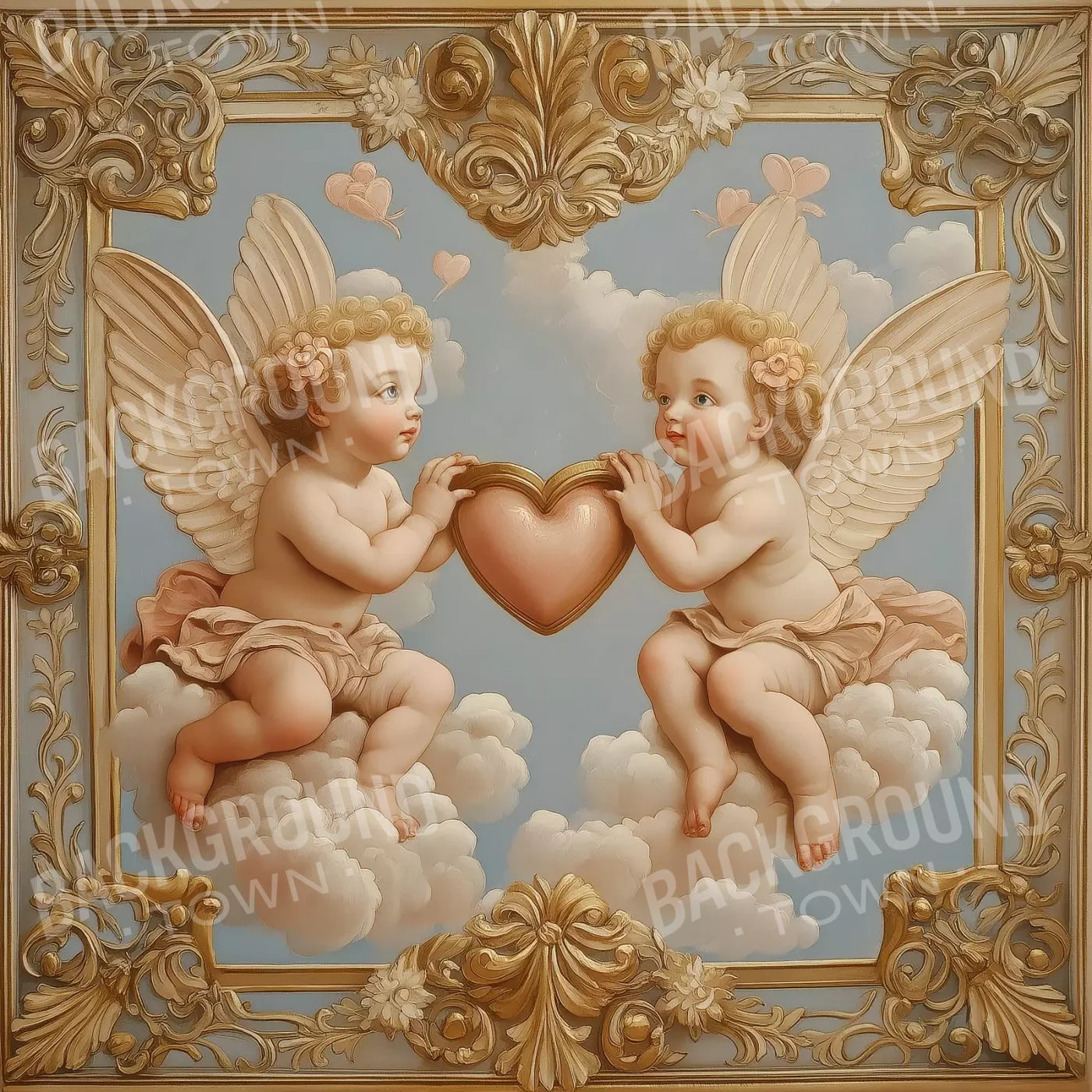 Cherubs With Gold Heart 8’X8’ Fleece (96 X Inch) Backdrop