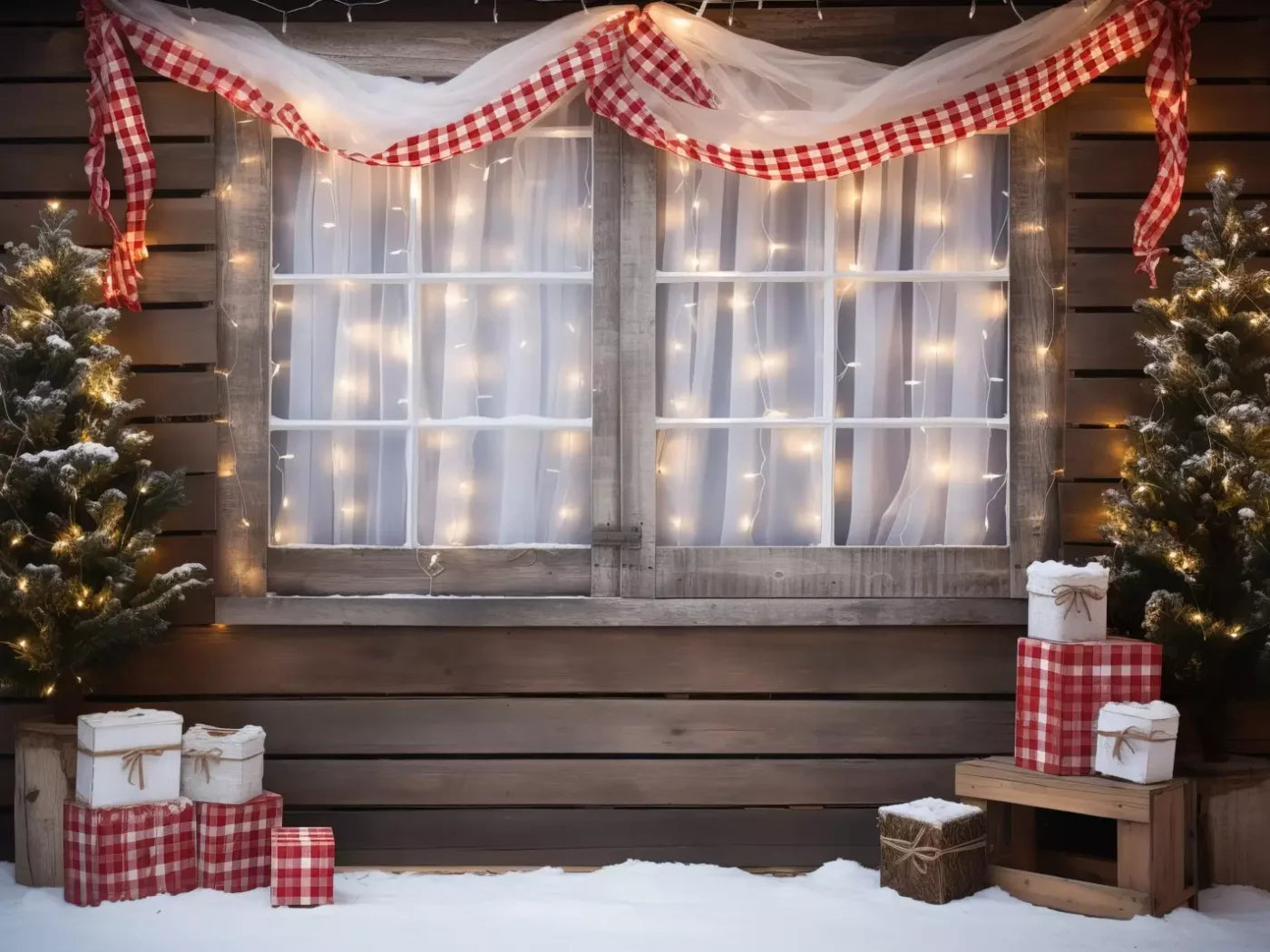 Christmas Cabin Window 6’8X5’ Fleece (80 X 60 Inch) Backdrop