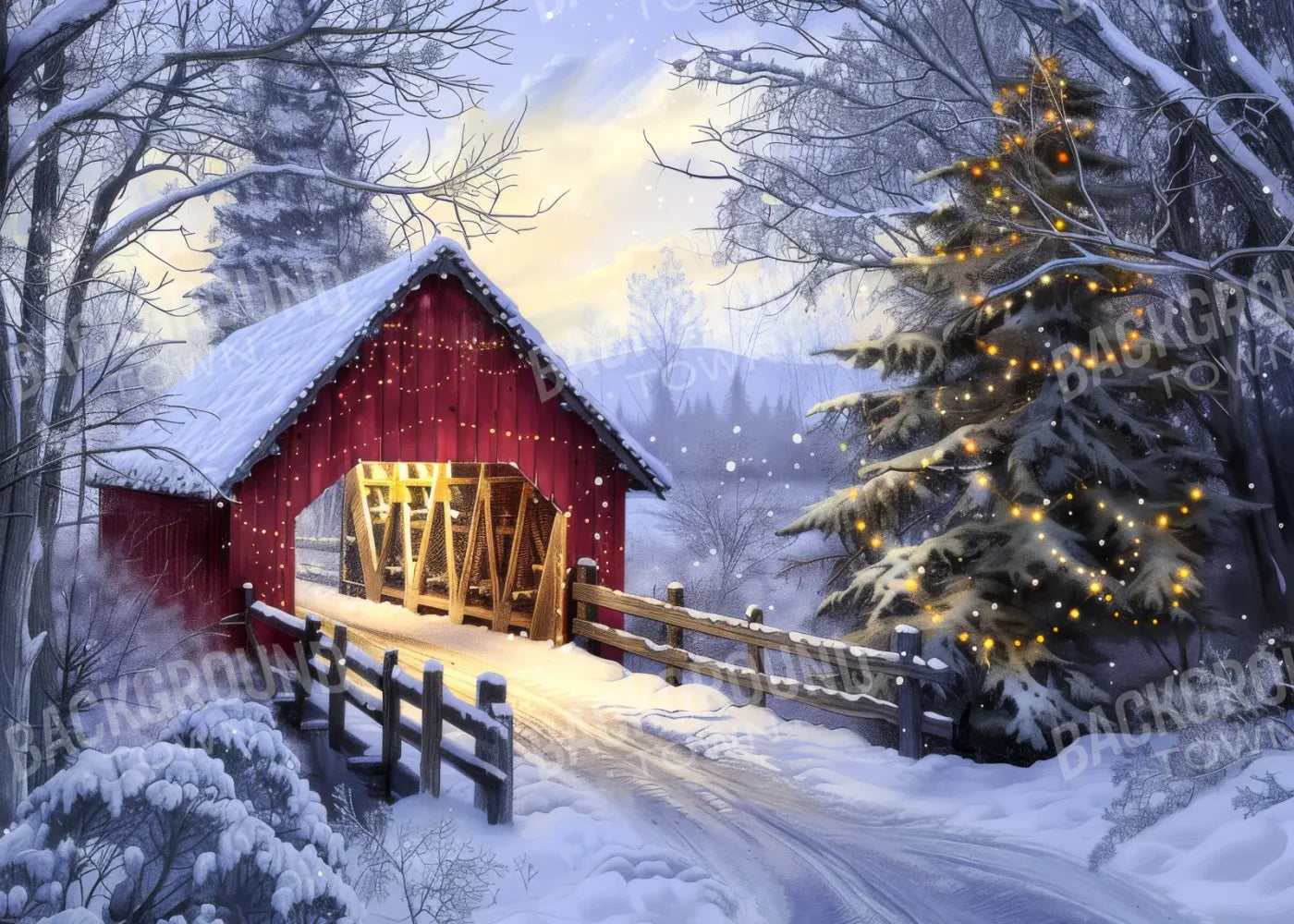 Christmas Covered Bridge 7’x5’ UltraCloth (84 x 60 inch) Backdrop