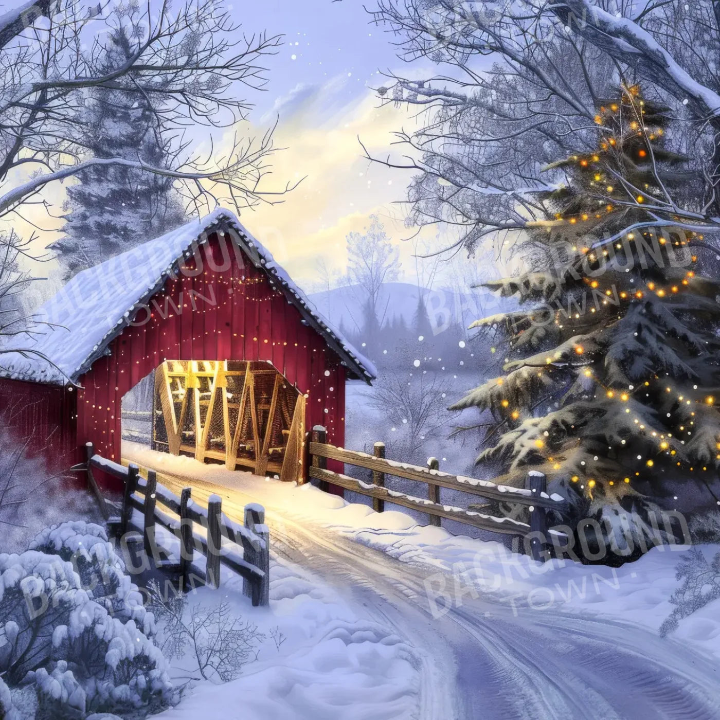Christmas Covered Bridge 8’x8’ Fleece (96 x 96 inch) Backdrop