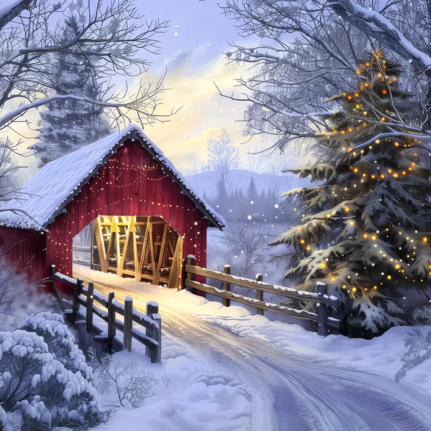 Christmas Covered Bridge 8’x8’ Fleece (96 x 96 inch) Backdrop