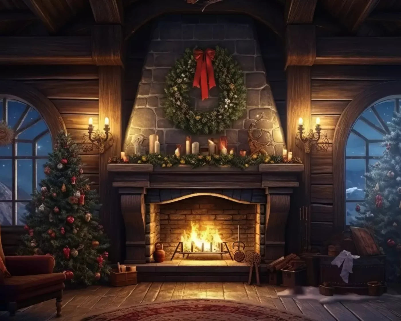 Christmas Eve Cabin I 10’X8’ Fleece (120 X 96 Inch) Backdrop