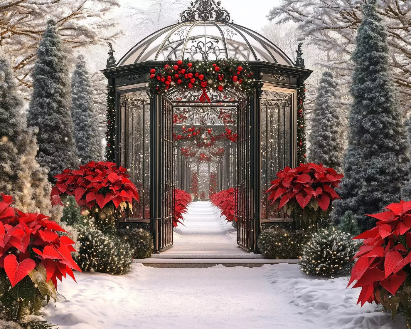 Christmas Garden Painterly 10’X8’ Fleece (120 X 96 Inch) Backdrop
