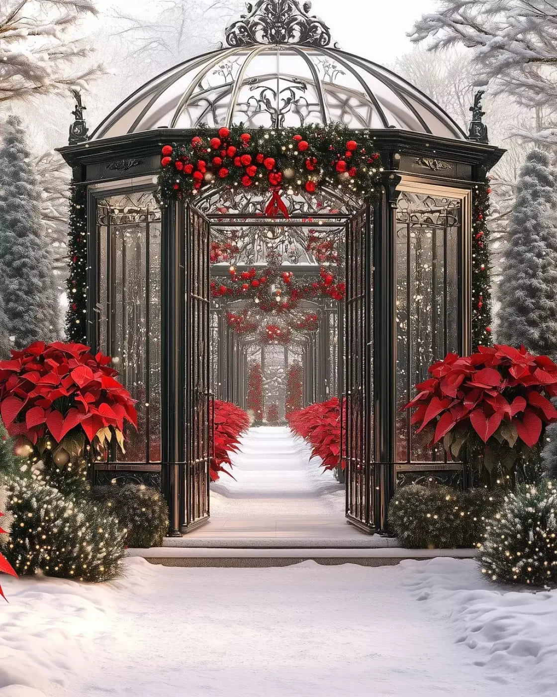 Christmas Garden Painterly 8’X10’ Fleece (96 X 120 Inch) Backdrop