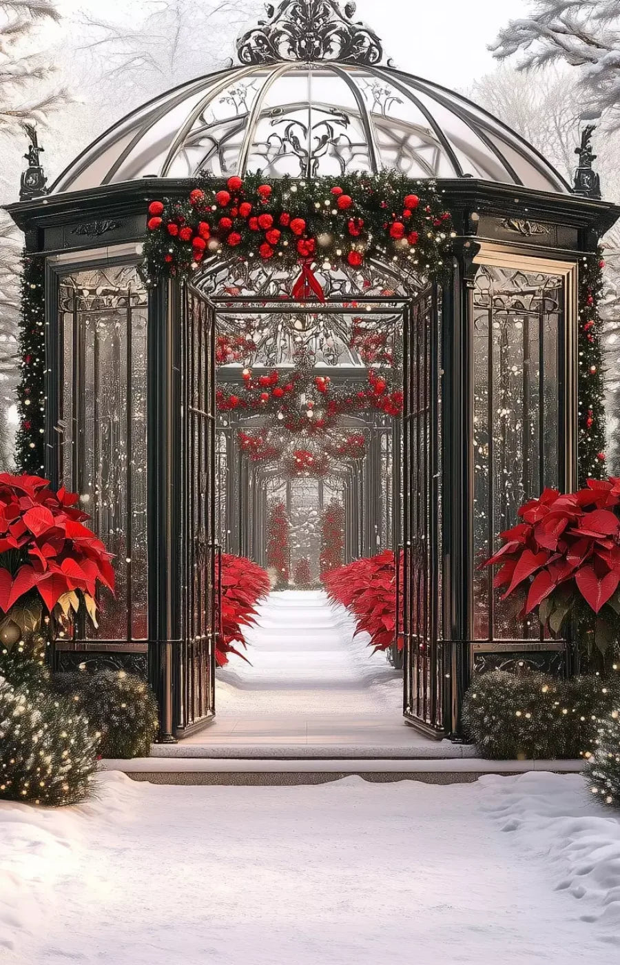 Christmas Garden Painterly 9’X14’ Ultracloth (108 X 168 Inch) Backdrop