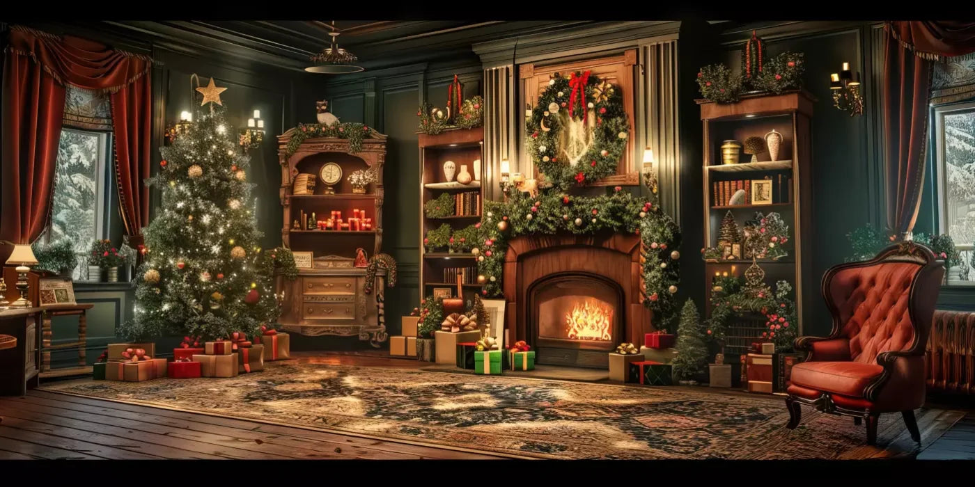 Christmas Living Room Full 16’X8’ Ultracloth (192 X 96 Inch) Backdrop