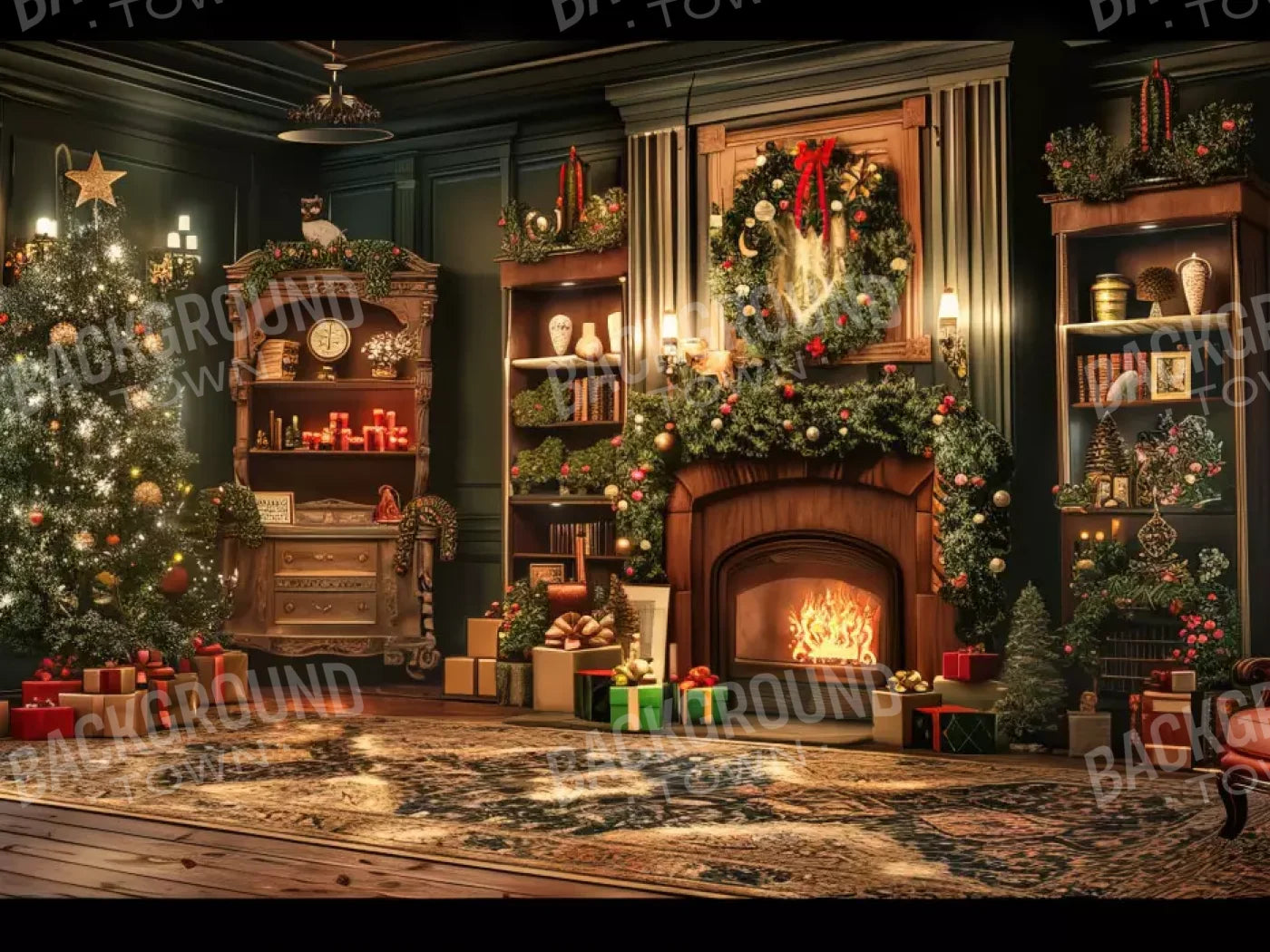 Christmas Living Room Full 6’8X5’ Fleece (80 X 60 Inch) Backdrop