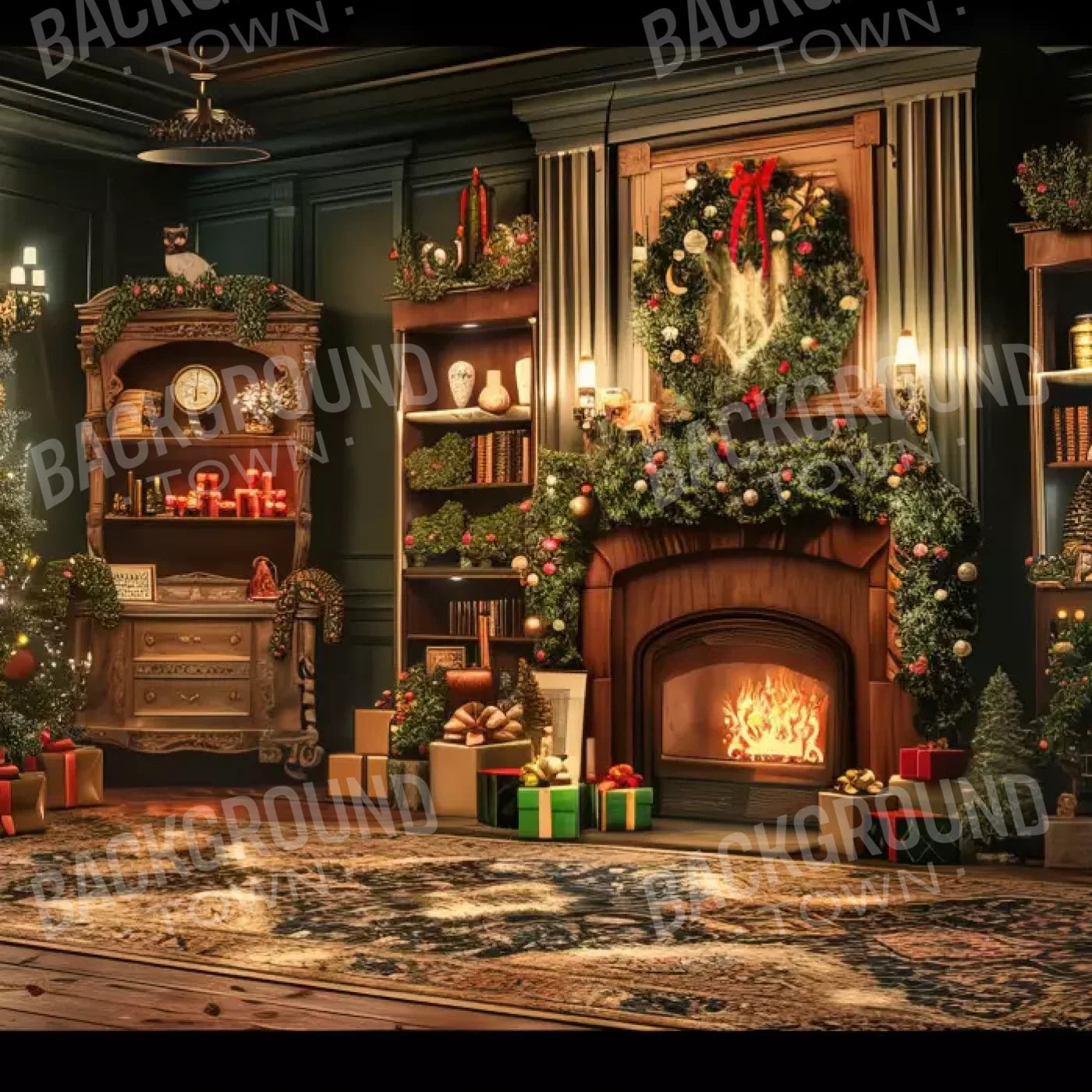 Christmas Living Room Full 8’X8’ Fleece (96 X Inch) Backdrop