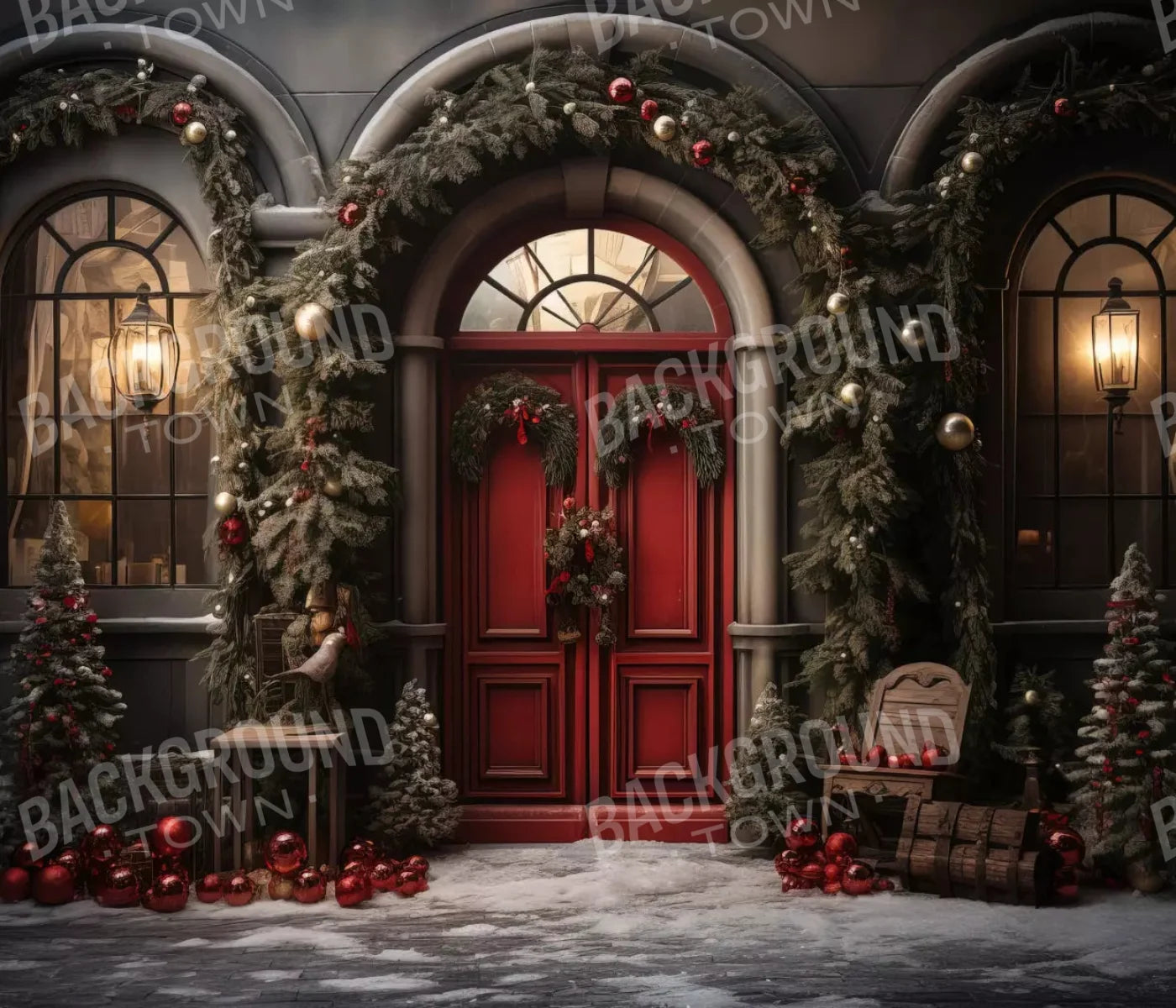 Christmas Red Front Door 12X10 Ultracloth ( 144 X 120 Inch ) Backdrop