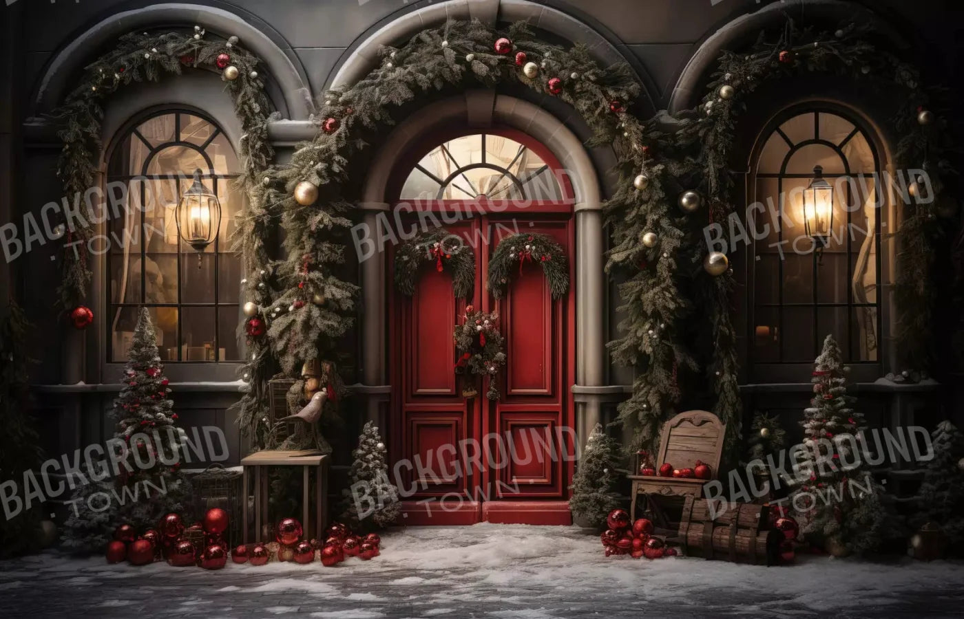 Christmas Red Front Door 12X8 Ultracloth ( 144 X 96 Inch ) Backdrop