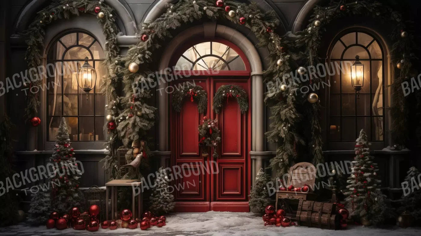 Christmas Red Front Door 14X8 Ultracloth ( 168 X 96 Inch ) Backdrop