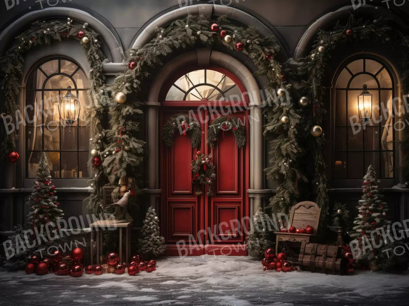Christmas Red Front Door 7X5 Ultracloth ( 84 X 60 Inch ) Backdrop