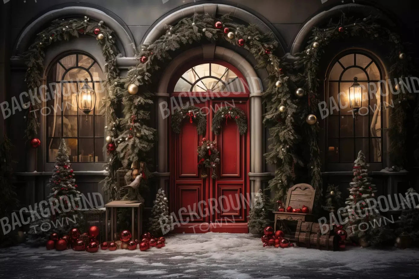 Christmas Red Front Door 8X5 Ultracloth ( 96 X 60 Inch ) Backdrop