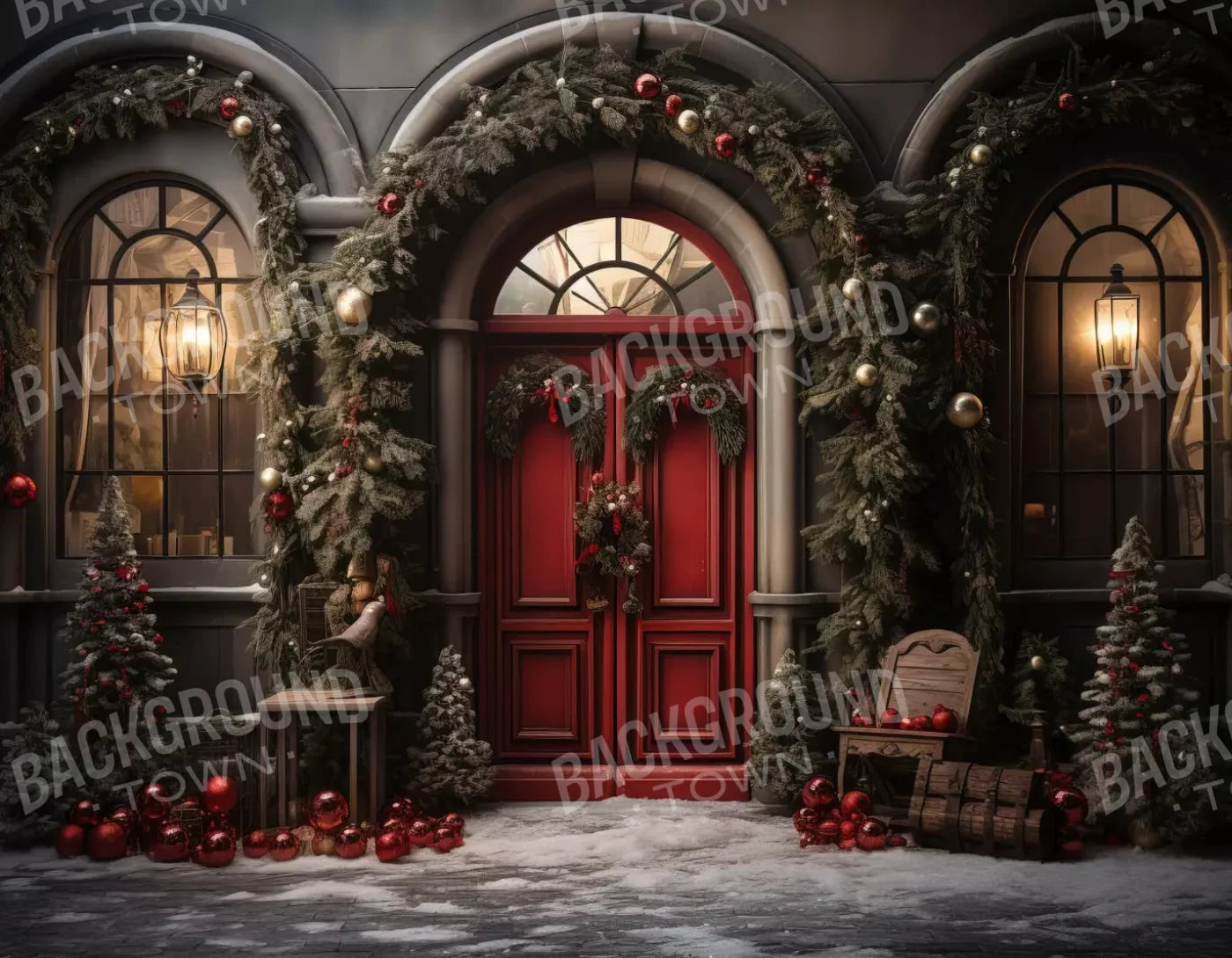 Christmas Red Front Door 8X6 Fleece ( 96 X 72 Inch ) Backdrop