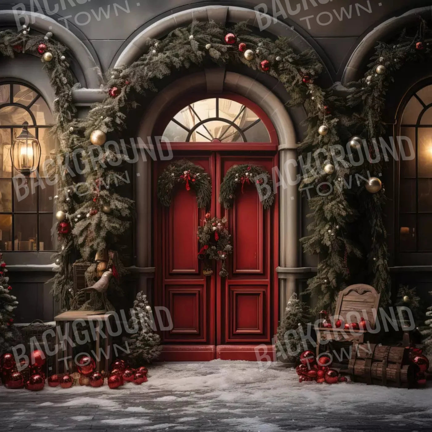Christmas Red Front Door 8X8 Fleece ( 96 X Inch ) Backdrop