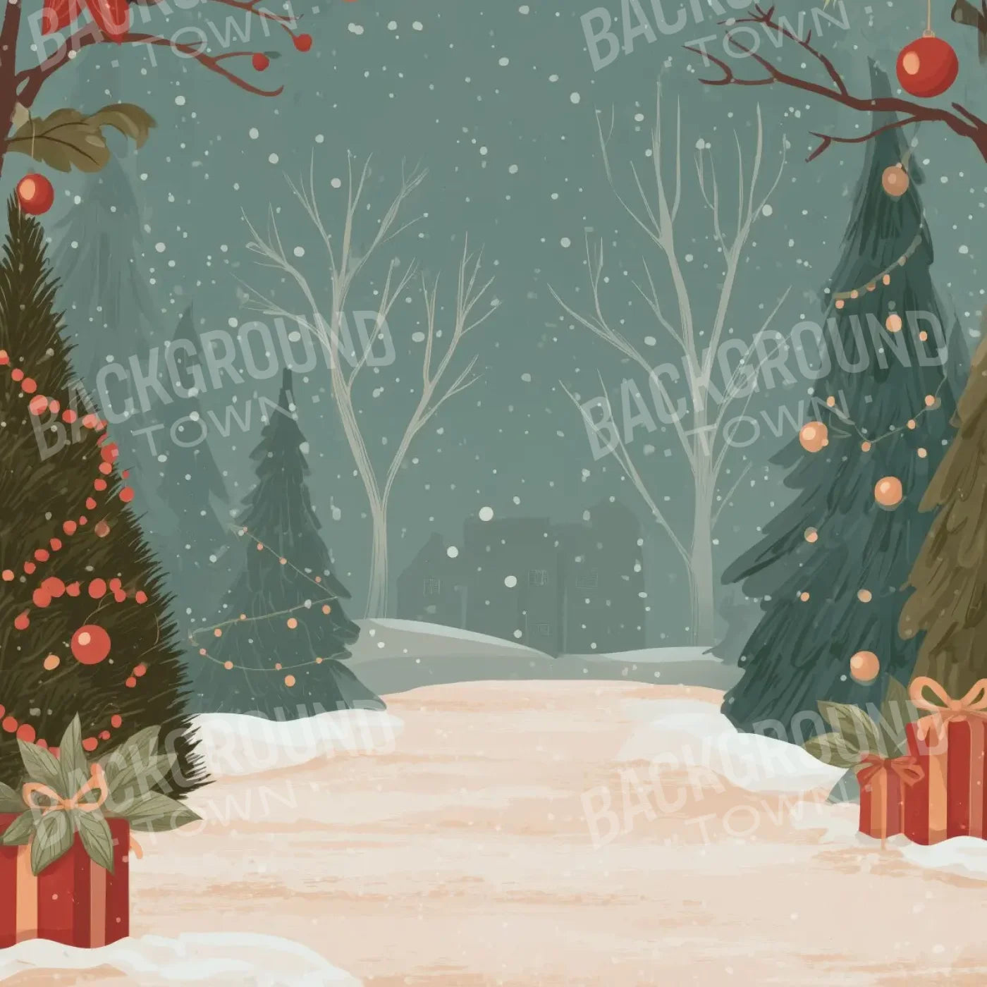 Christmas Scene Clipart 8’x8’ Fleece (96 x 96 inch) Backdrop