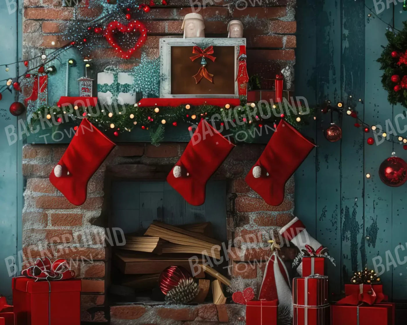 Christmas Teal Room 10X8 Middle 10’X8’ Fleece (120 X 96 Inch) Backdrop