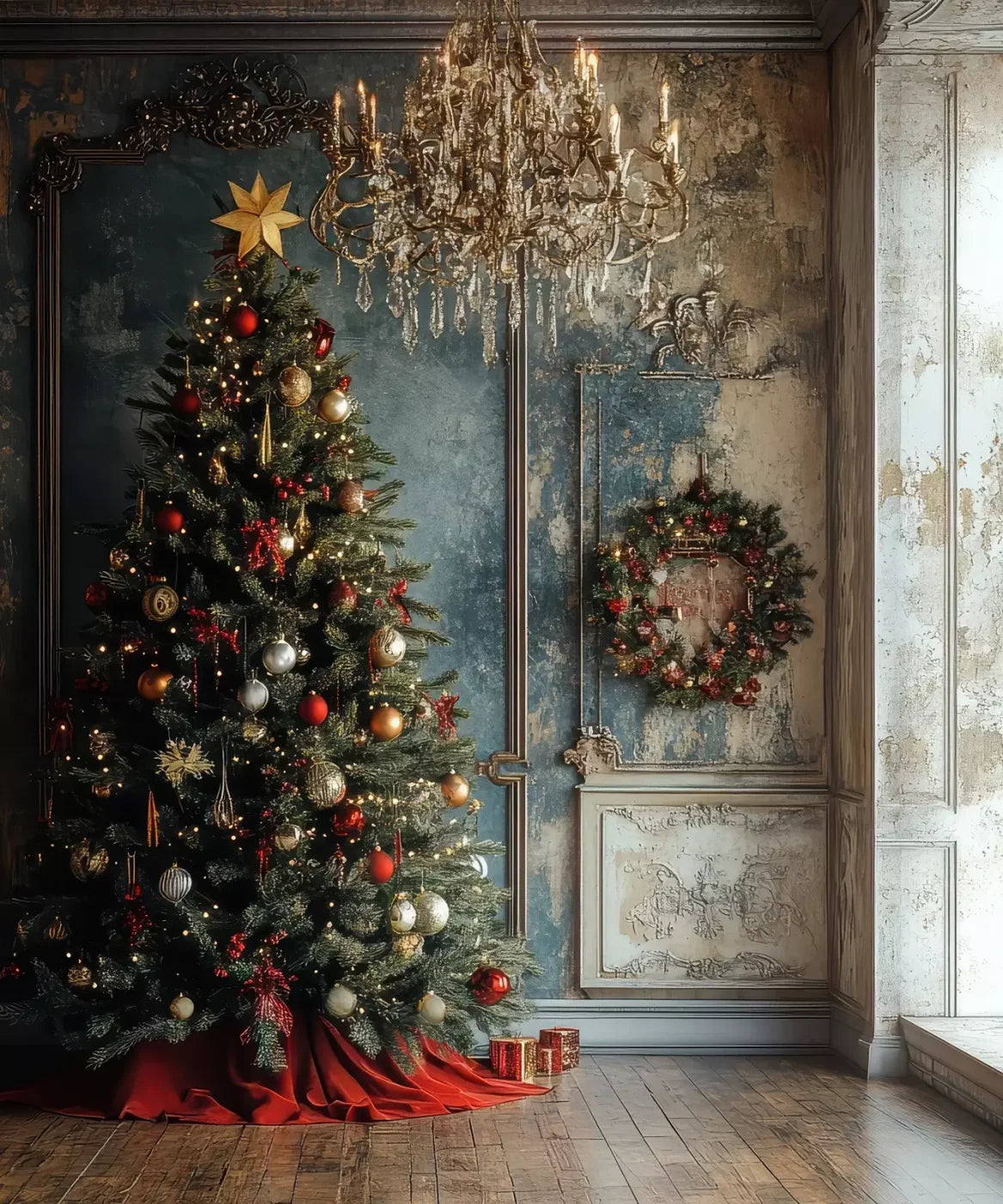 Christmas Tree With Rustic Wall 10’X12’ Ultracloth (120 X 144 Inch) Backdrop