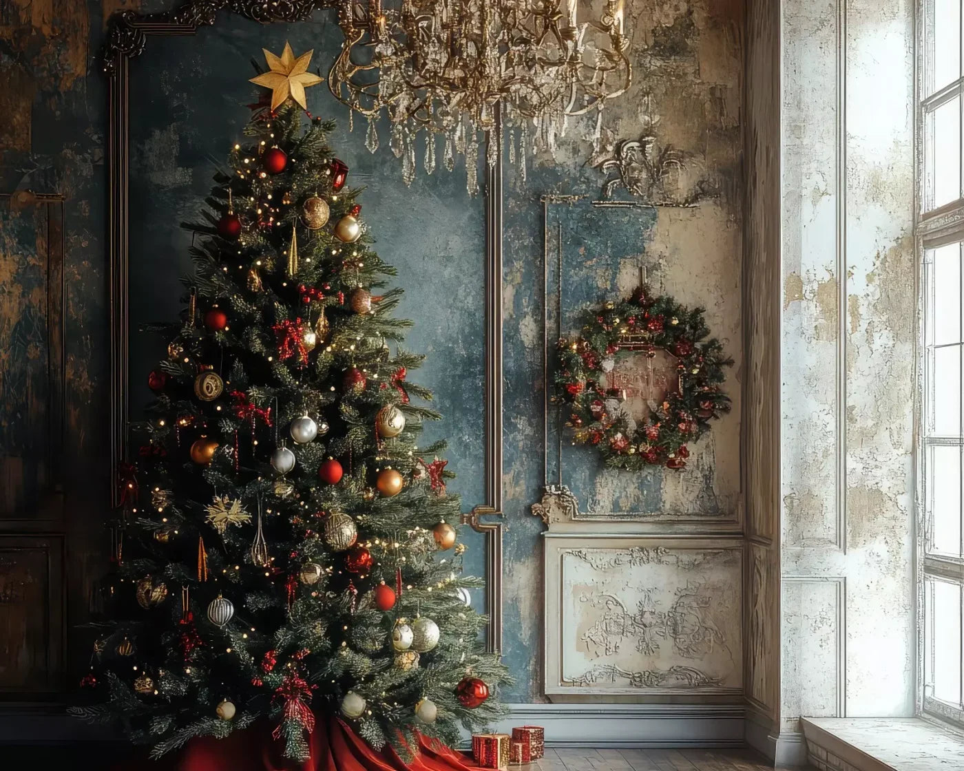 Christmas Tree With Rustic Wall 10’X8’ Fleece (120 X 96 Inch) Backdrop
