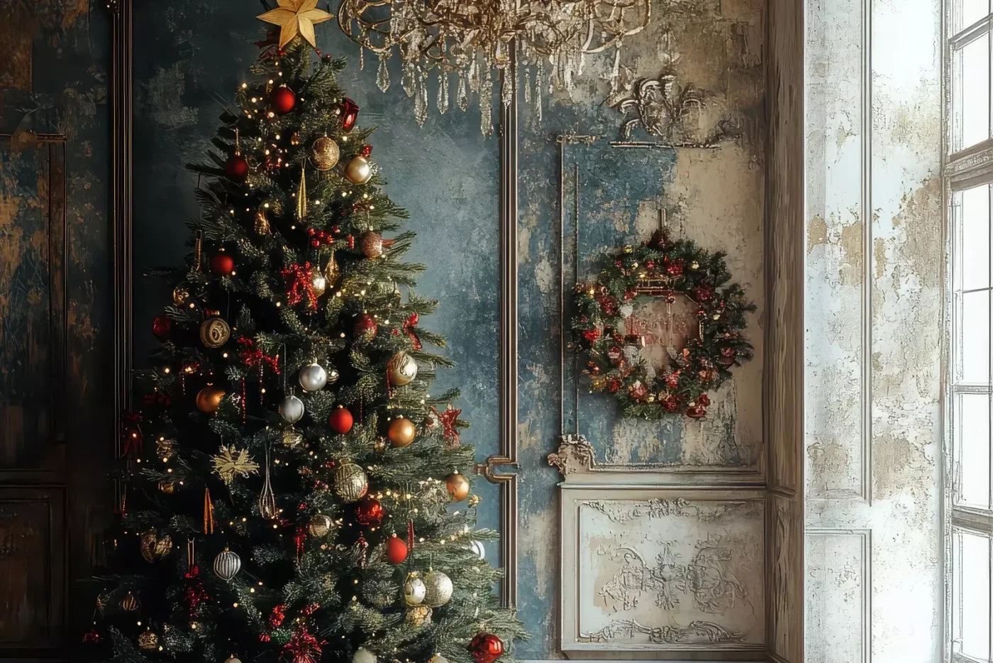 Christmas Tree With Rustic Wall 12’X8’ Ultracloth (144 X 96 Inch) Backdrop