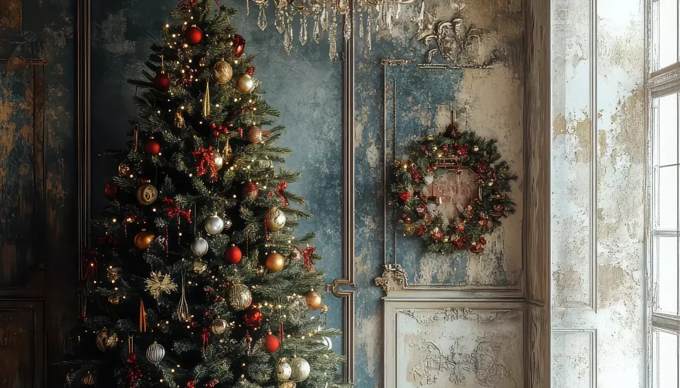 Christmas Tree With Rustic Wall 14’X8’ Ultracloth (168 X 96 Inch) Backdrop