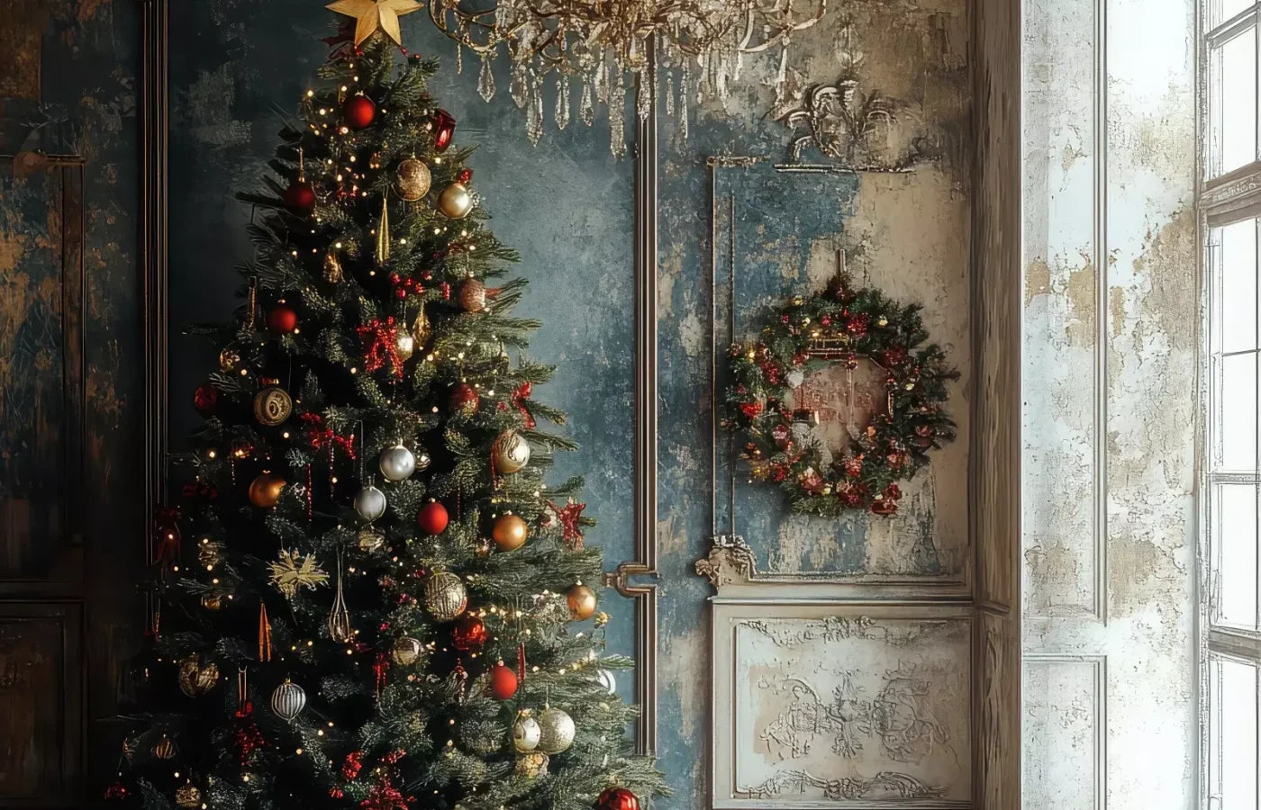 Christmas Tree With Rustic Wall 14’X9’ Ultracloth (168 X 108 Inch) Backdrop