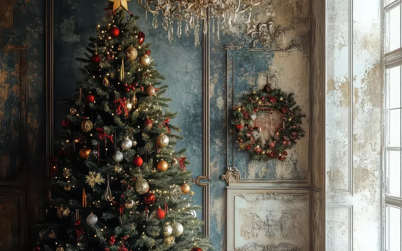 Christmas Tree With Rustic Wall 16’X10’ Ultracloth (192 X 120 Inch) Backdrop