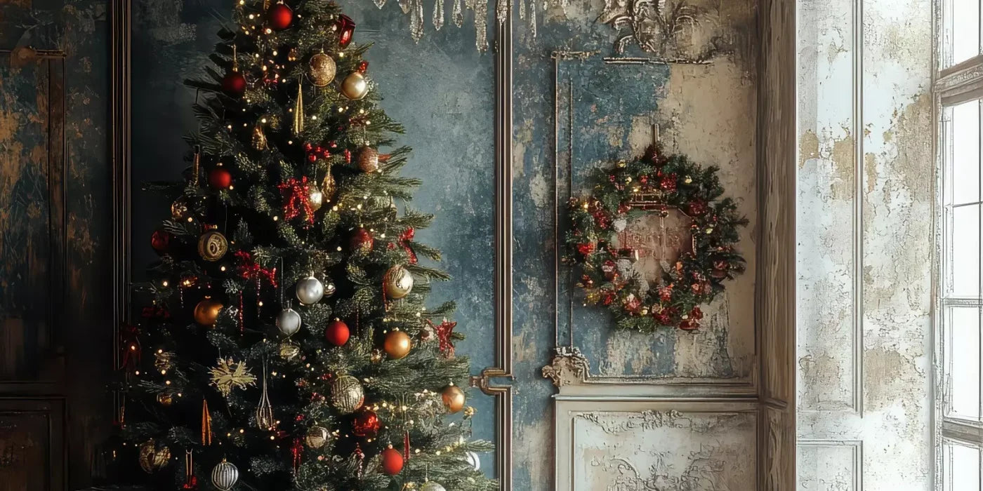 Christmas Tree With Rustic Wall 16’X8’ Ultracloth (192 X 96 Inch) Backdrop