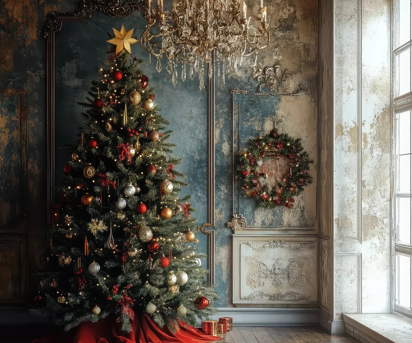Christmas Tree With Rustic Wall 5’X4’2 Fleece (60 X 50 Inch) Backdrop