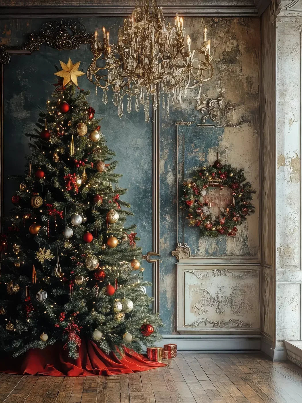 Christmas Tree With Rustic Wall 5’X6’8 Fleece (60 X 80 Inch) Backdrop