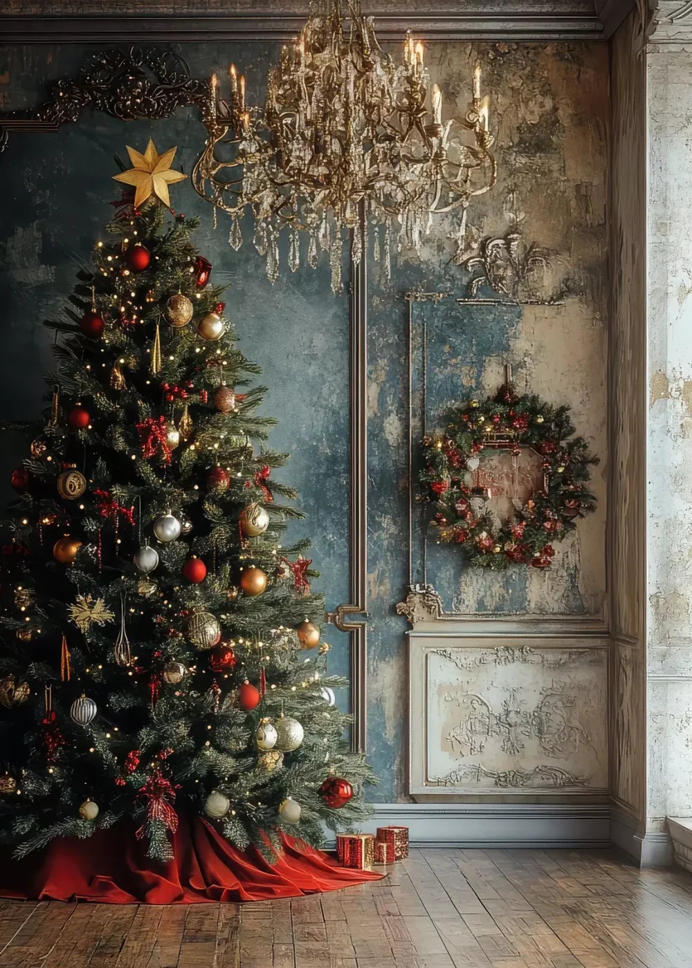 Christmas Tree With Rustic Wall 5’X7’ Ultracloth (60 X 84 Inch) Backdrop