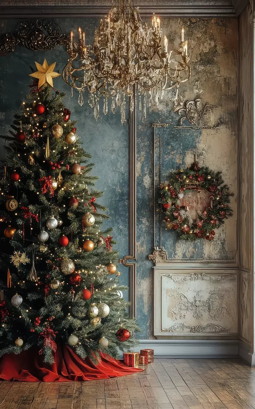 Christmas Tree With Rustic Wall 5’X8’ Ultracloth (60 X 96 Inch) Backdrop