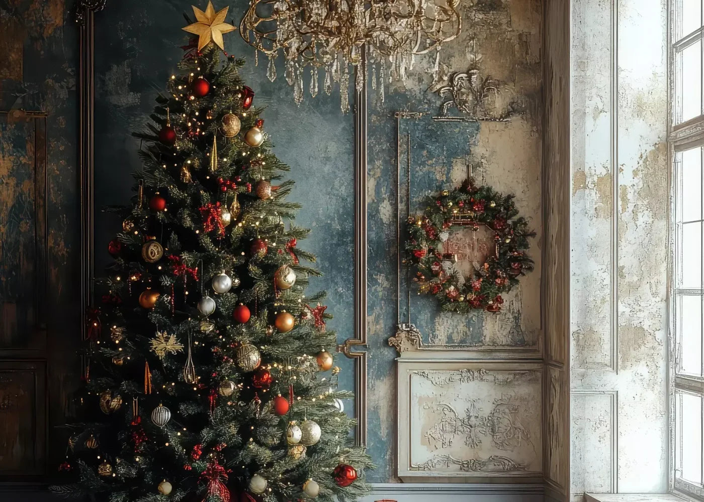 Christmas Tree With Rustic Wall 7’X5’ Ultracloth (84 X 60 Inch) Backdrop
