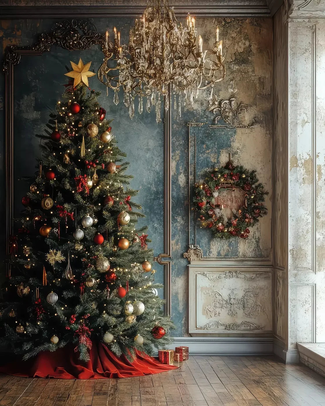 Christmas Tree With Rustic Wall 8’X10’ Fleece (96 X 120 Inch) Backdrop