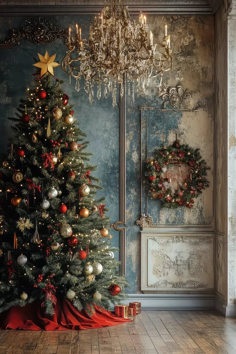 Christmas Tree With Rustic Wall 8’X12’ Ultracloth (96 X 144 Inch) Backdrop