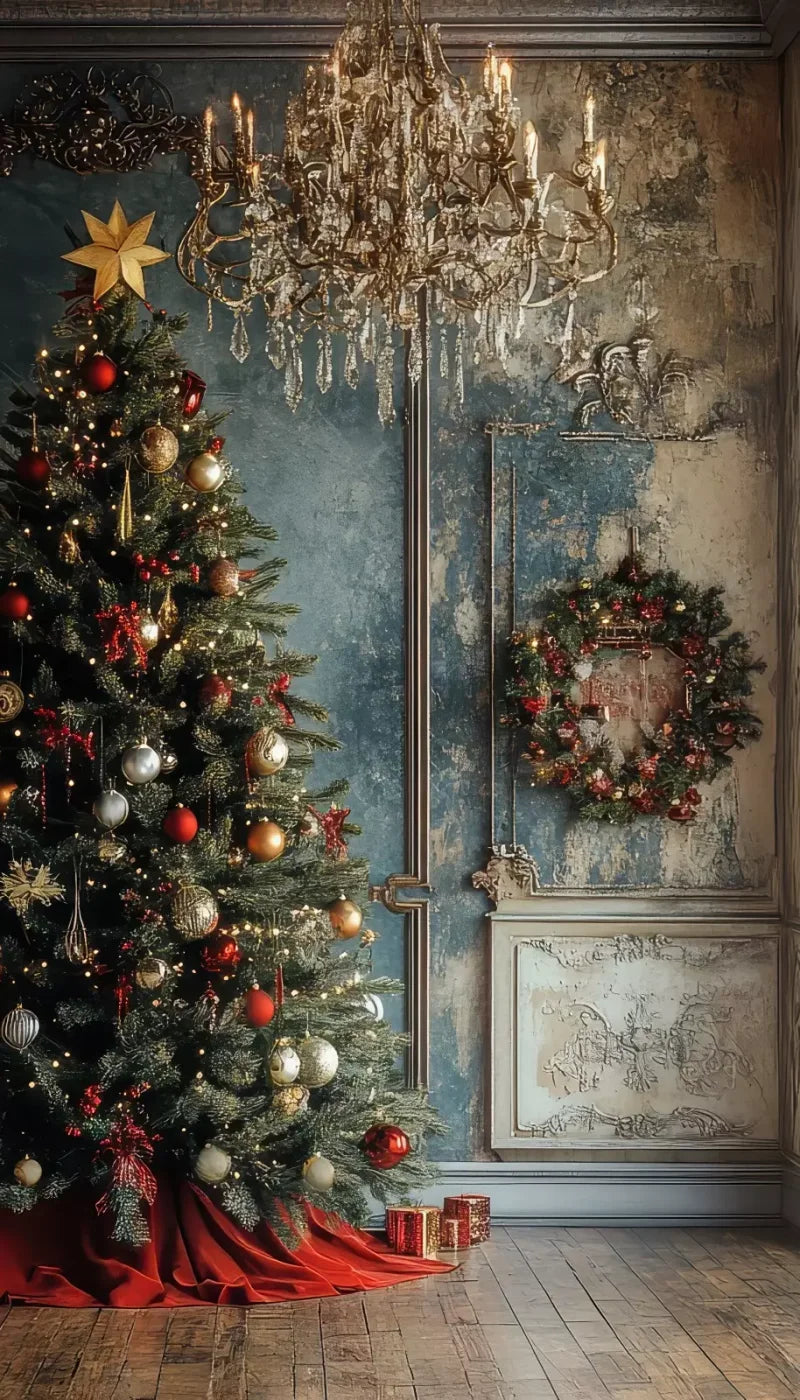 Christmas Tree With Rustic Wall 8’X14’ Ultracloth (96 X 168 Inch) Backdrop