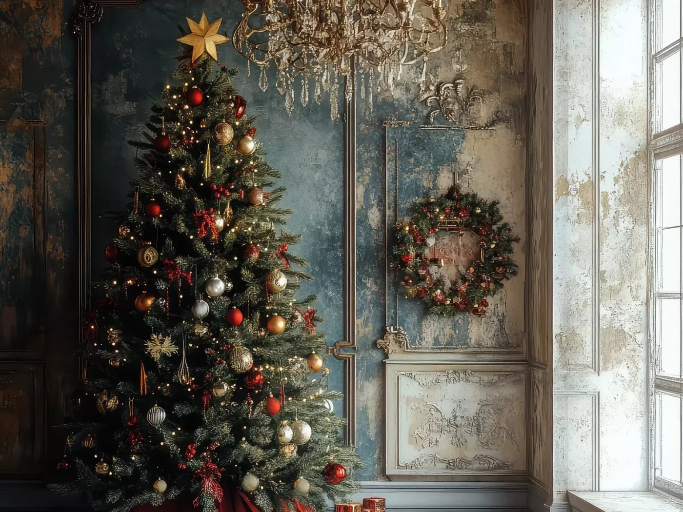 Christmas Tree With Rustic Wall 8’X6’ Fleece (96 X 72 Inch) Backdrop