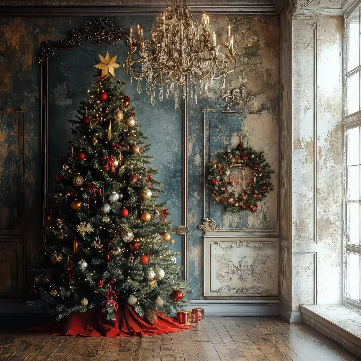 Christmas Tree With Rustic Wall 8’X8’ Fleece (96 X Inch) Backdrop
